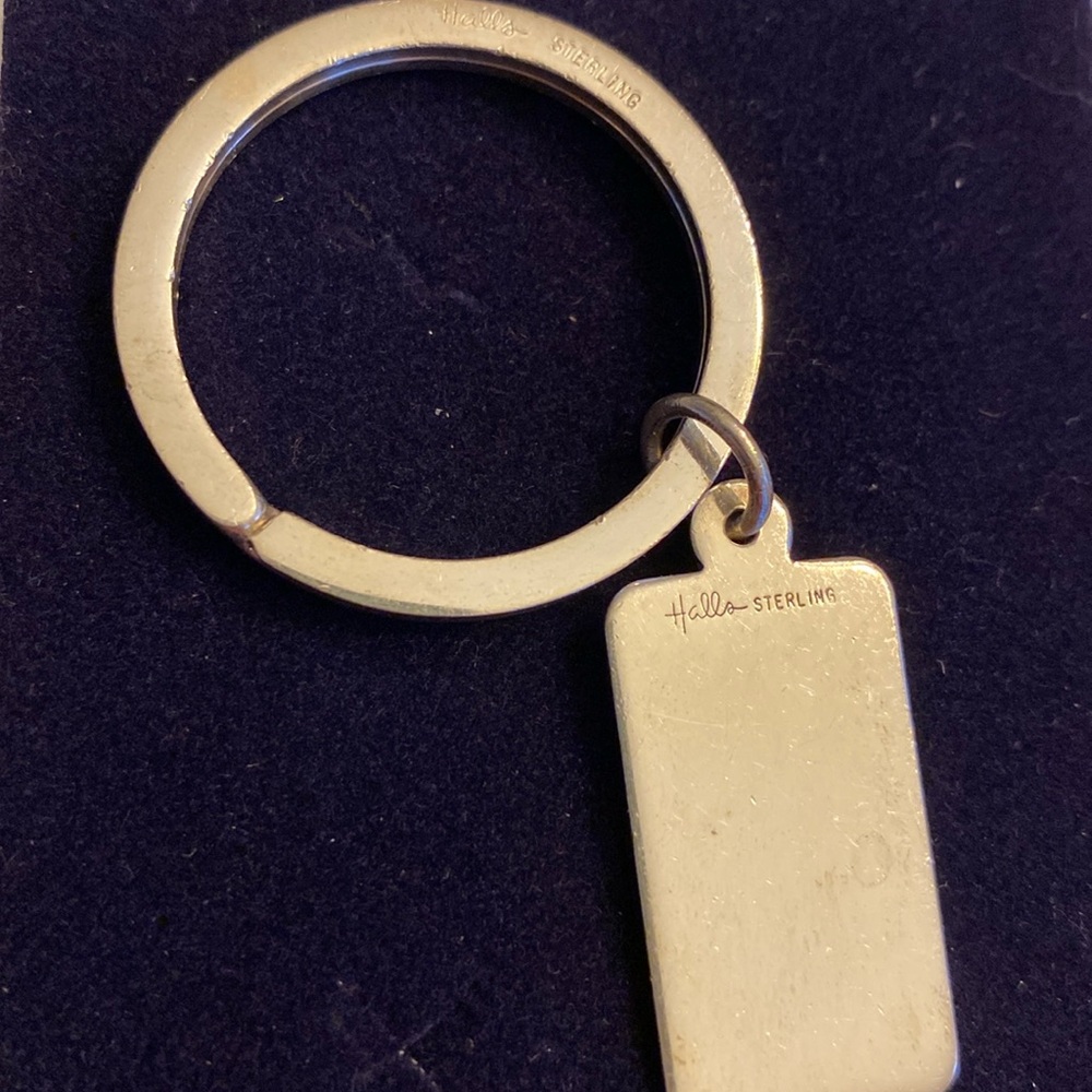 Halls Sterling Silver Split Ring keychain with rectangular tag.  Vintage.